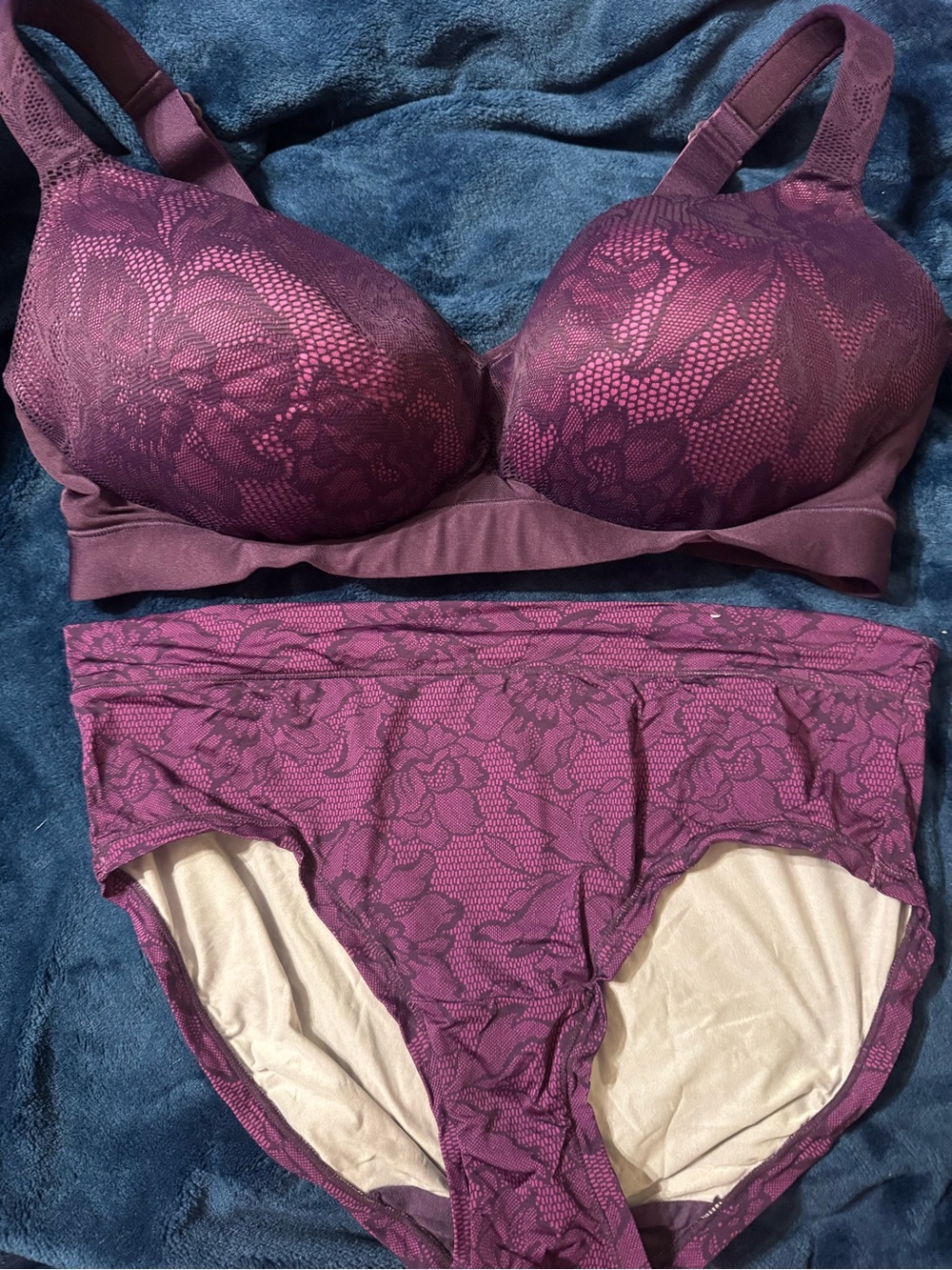 Cacique Wire Free Balconette Bra in Plum with Lace Pattern Set